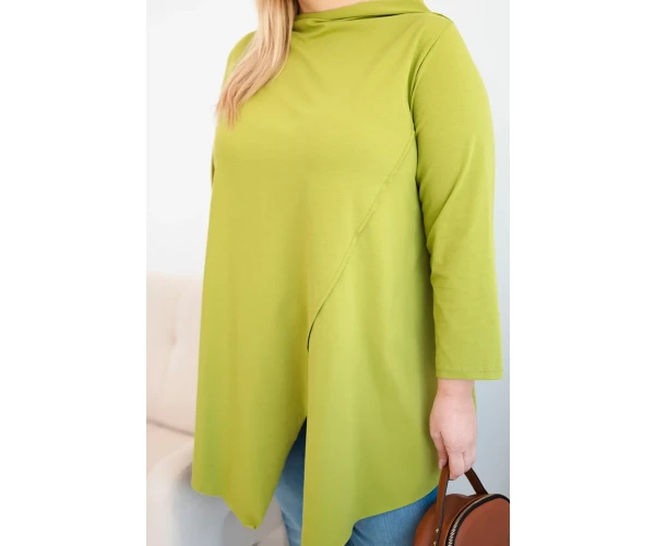 Bluzka damska bawełniana Plus Size asymetryczna z podwijanym rękawem oliwkowa-4