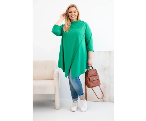 Bluzka damska bawełniana Plus Size asymetryczna z podwijanym rękawem zielona-2