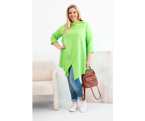Bluzka damska bawełniana Plus Size asymetryczna z podwijanym rękawem jasno zielona-2
