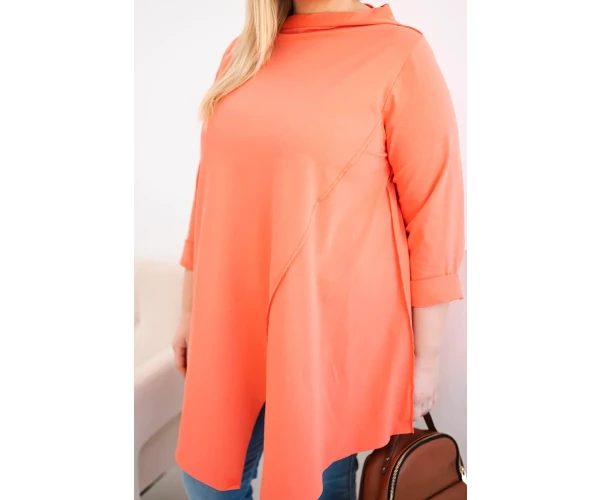 Bluzka damska bawełniana Plus Size asymetryczna z podwijanym rękawem morelowa-4