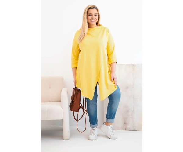 Bluzka damska bawełniana Plus Size asymetryczna z podwijanym rękawem żółta-2