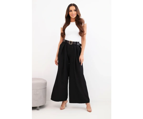 Spodnie damskie z szeroką nogawką i paskiem czarne-2