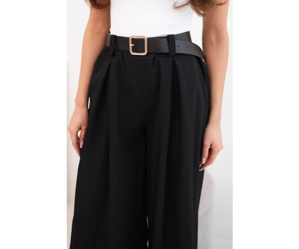Spodnie damskie z szeroką nogawką i paskiem czarne-3