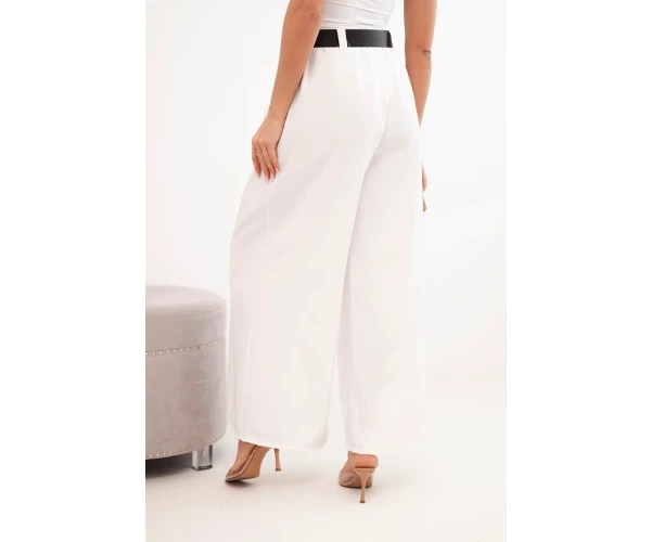 Spodnie damskie z szeroką nogawką i paskiem ecru-3