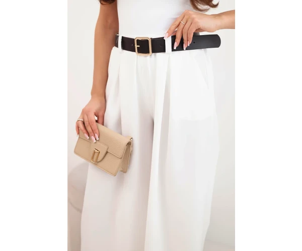 Spodnie damskie z szeroką nogawką i paskiem ecru-4