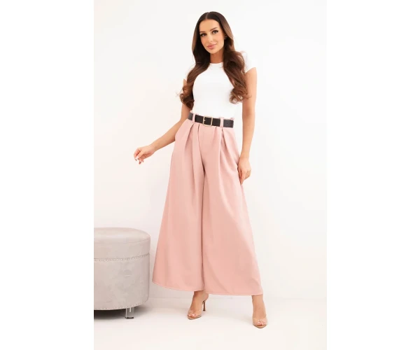 Spodnie damskie z szeroką nogawką i paskiem ciemny pudrowy róż-2