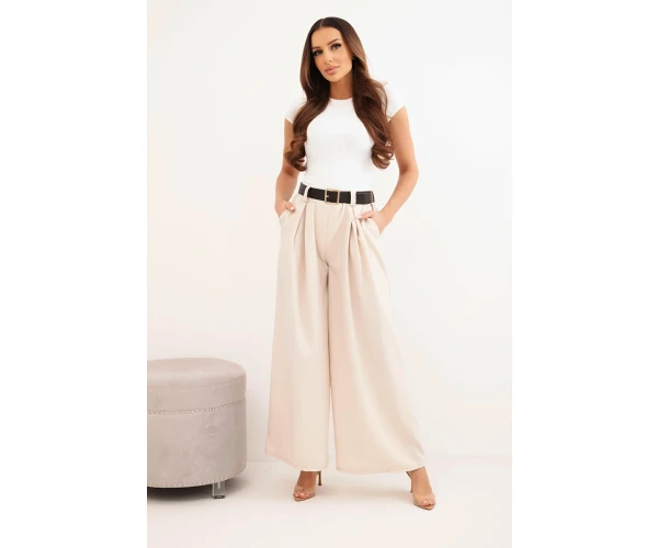 Spodnie damskie z szeroką nogawką i paskiem jasno beżowe-2