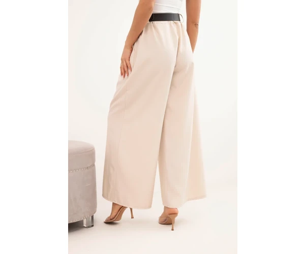 Spodnie damskie z szeroką nogawką i paskiem jasno beżowe-3