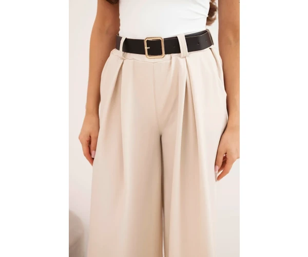 Spodnie damskie z szeroką nogawką i paskiem jasno beżowe-4
