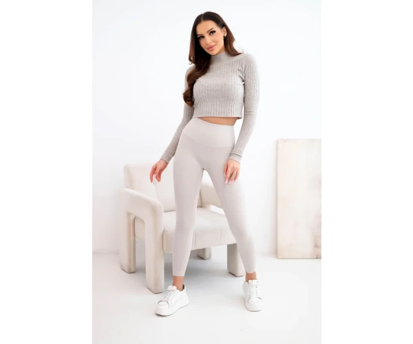 Legginsy damskie z wysokim stanem i elastycznym pasem beżowe-2