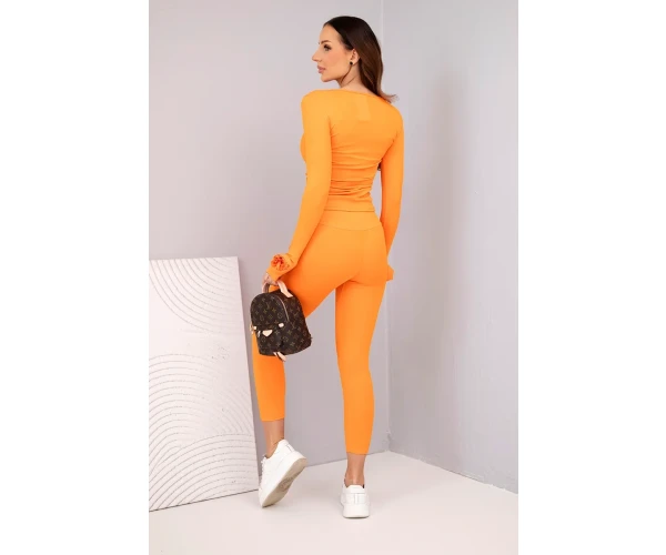 Komplet damska z prążkowanej wiskozy z długim rękawem i legginsami pomarańczowy-3