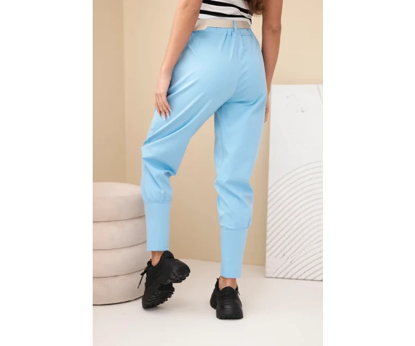 Spodnie damskie bawełniane z wysokim stanem i paskiem niebieskie-3
