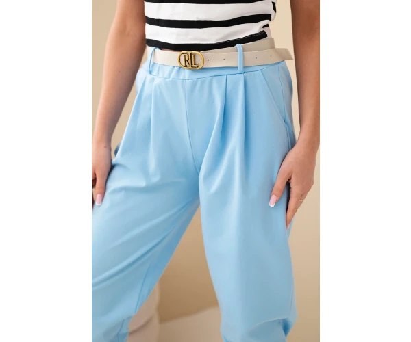 Spodnie damskie bawełniane z wysokim stanem i paskiem niebieskie-4