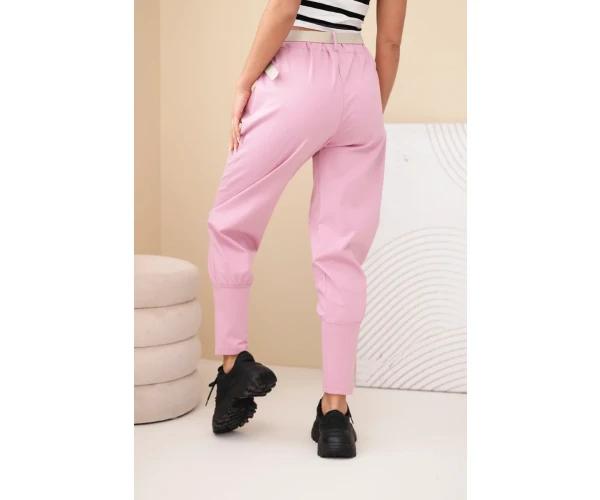 Spodnie damskie bawełniane z wysokim stanem i paskiem ciemno różowe-3