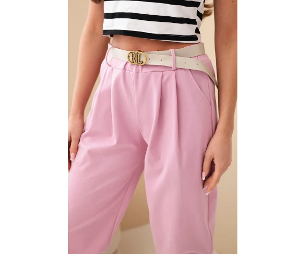 Spodnie damskie bawełniane z wysokim stanem i paskiem ciemno różowe-4