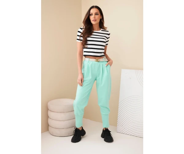 Spodnie damskie bawełniane z wysokim stanem i paskiem miętowe-2