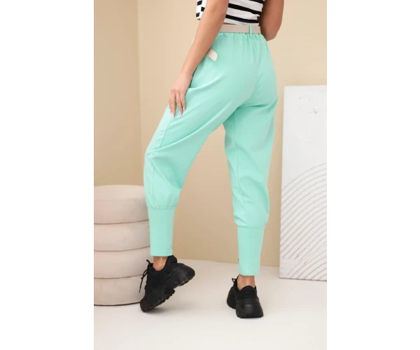 Spodnie damskie bawełniane z wysokim stanem i paskiem miętowe-3