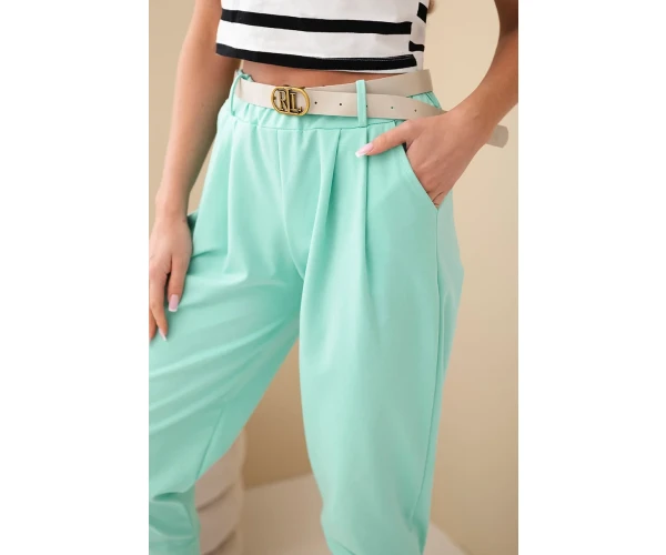Spodnie damskie bawełniane z wysokim stanem i paskiem miętowe-4