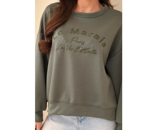 Bluza damska masełkowa z haftem o luźnym kroju khaki-2