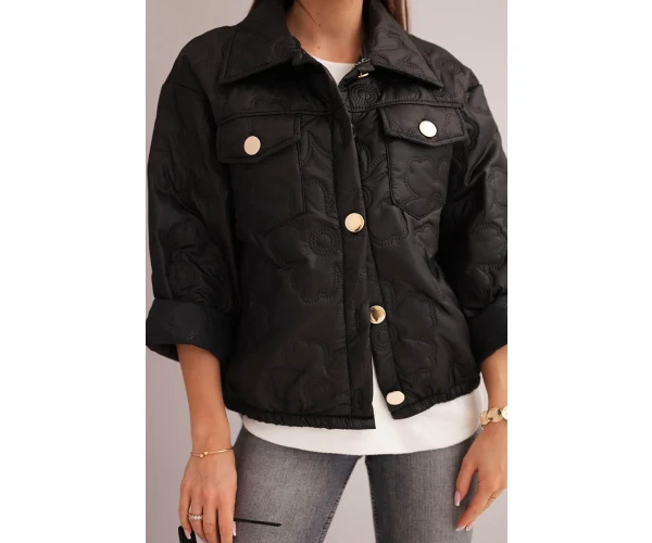 Kurtka damska wiosenna pikowana z kwiatowym wzorem czarna-4