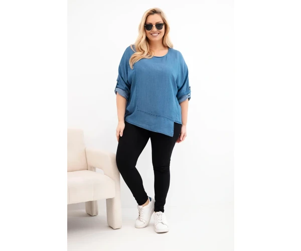 Bluzka damska Plus Size z lyocellu z asymetrycznym dołem jeansowa-2