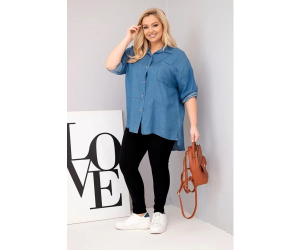 Koszula damska Plus Size z lyocellu z przedłużanym tyłem i rękawem na guzik jeansowa-2