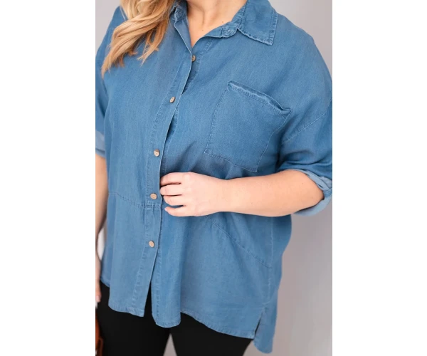 Koszula damska Plus Size z lyocellu z przedłużanym tyłem i rękawem na guzik jeansowa-4