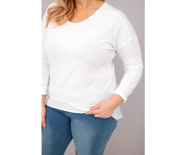 Bluzka damska Plus Size przecierana z dekoltem V i dłuższym tyłem biała-4