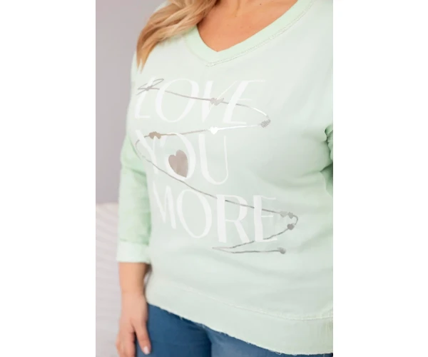 Bluzka damska Plus Size przecierana z napisem Love You More miętowa-4