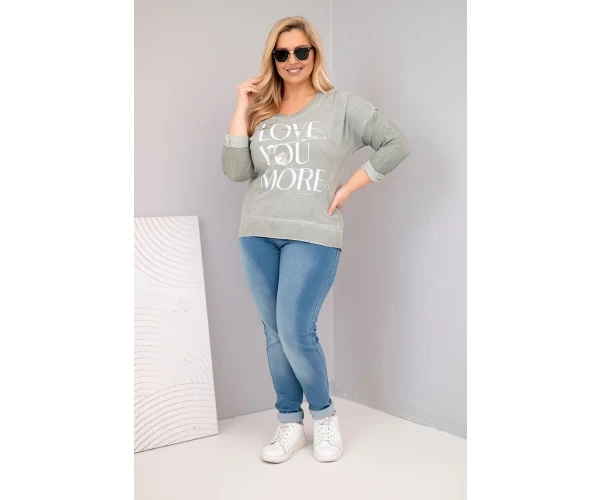 Bluzka damska Plus Size przecierana z napisem Love You More khaki-3
