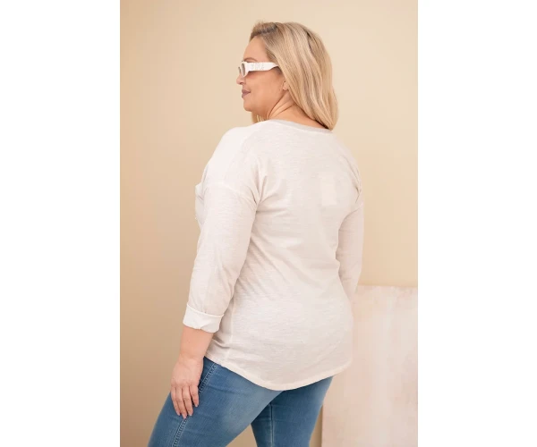 Bluzka damska Plus Size przecierana z napisem i perełkami beżowa-4