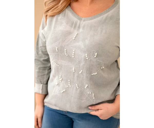Bluzka damska Plus Size przecierana z napisem i perełkami khaki-2