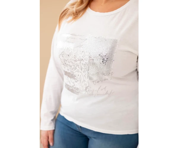 Bluzka damska Plus Size przecierana z nadrukiem i dłuższym tyłem biała-2