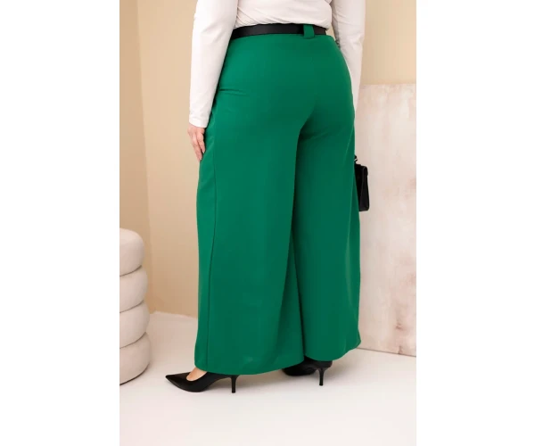 Spodnie damskie Plus Size wiskozowe z szeroką nogawką i paskiem zielone-3