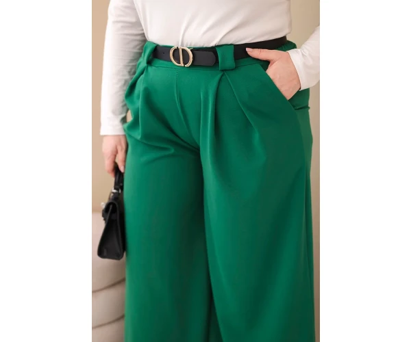 Spodnie damskie Plus Size wiskozowe z szeroką nogawką i paskiem zielone-4