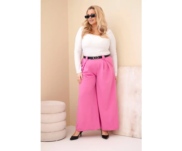 Spodnie damskie Plus Size wiskozowe z szeroką nogawką i paskiem różowe-2