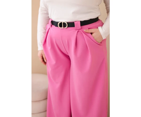 Spodnie damskie Plus Size wiskozowe z szeroką nogawką i paskiem różowe-3
