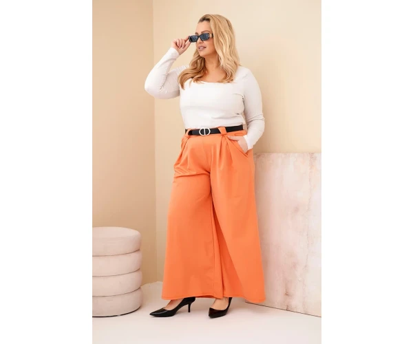 Spodnie damskie Plus Size wiskozowe z szeroką nogawką i paskiem morelowe-2