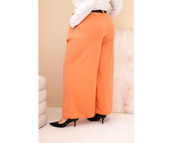 Spodnie damskie Plus Size wiskozowe z szeroką nogawką i paskiem morelowe-3