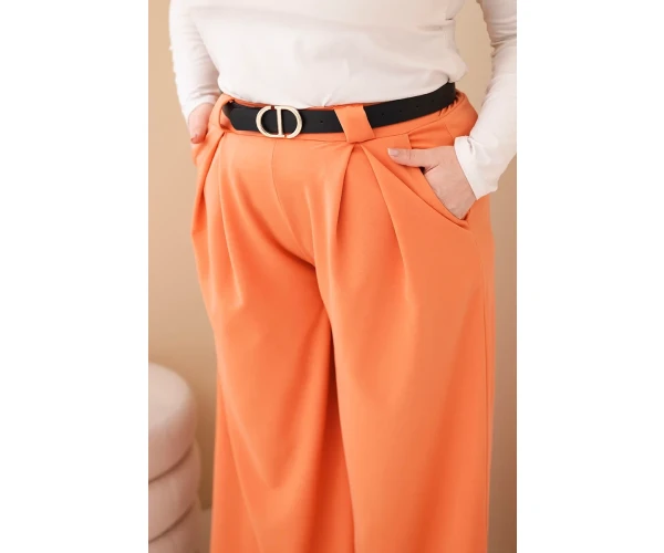 Spodnie damskie Plus Size wiskozowe z szeroką nogawką i paskiem morelowe-4