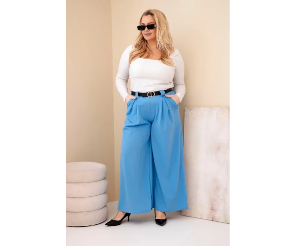 Spodnie damskie Plus Size wiskozowe z szeroką nogawką i paskiem niebieskie-2