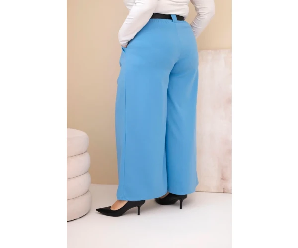 Spodnie damskie Plus Size wiskozowe z szeroką nogawką i paskiem niebieskie-3