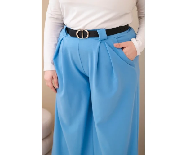 Spodnie damskie Plus Size wiskozowe z szeroką nogawką i paskiem niebieskie-4