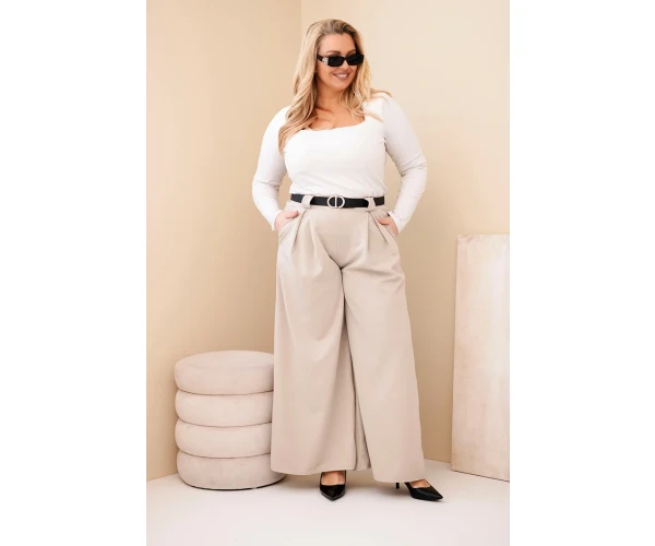 Spodnie damskie Plus Size wiskozowe z szeroką nogawką i paskiem beżowe-2