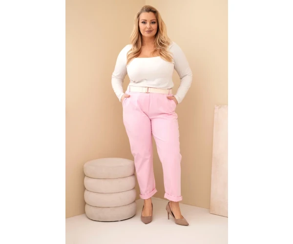 Spodnie damskie bawełniane Plus Size z paskiem jasno różowe-2