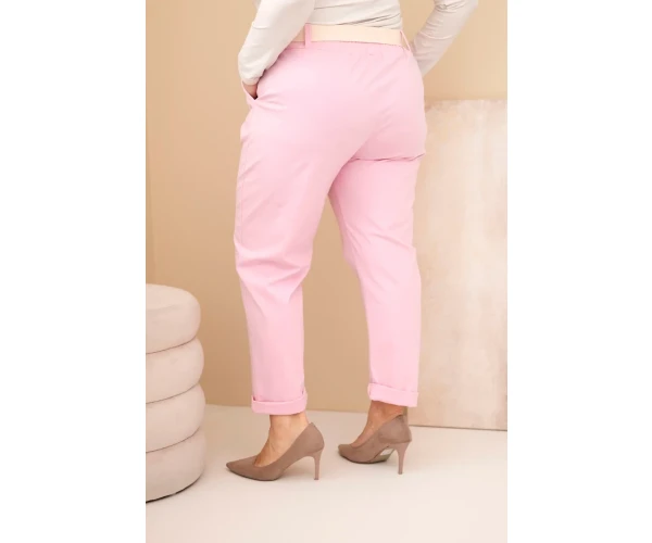 Spodnie damskie bawełniane Plus Size z paskiem jasno różowe-4