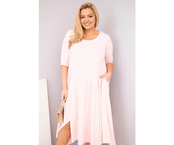 Sukienka damska bawełniana Plus Size z asymetrycznym dołem pudrowy róż-2