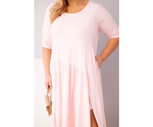 Sukienka damska bawełniana Plus Size z asymetrycznym dołem pudrowy róż-4