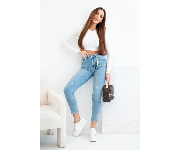 Spodnie damskie jeansowe mom fit z wysokim stanem i delikatnymi przetarciami-4