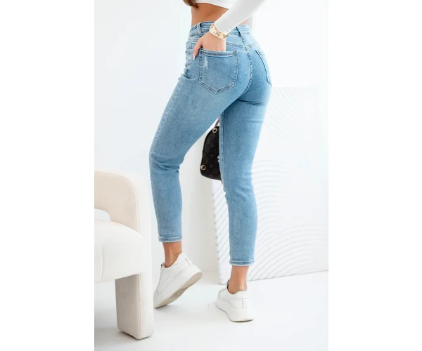 Spodnie damskie jeansowe mom fit z wysokim stanem i delikatnymi przetarciami-5